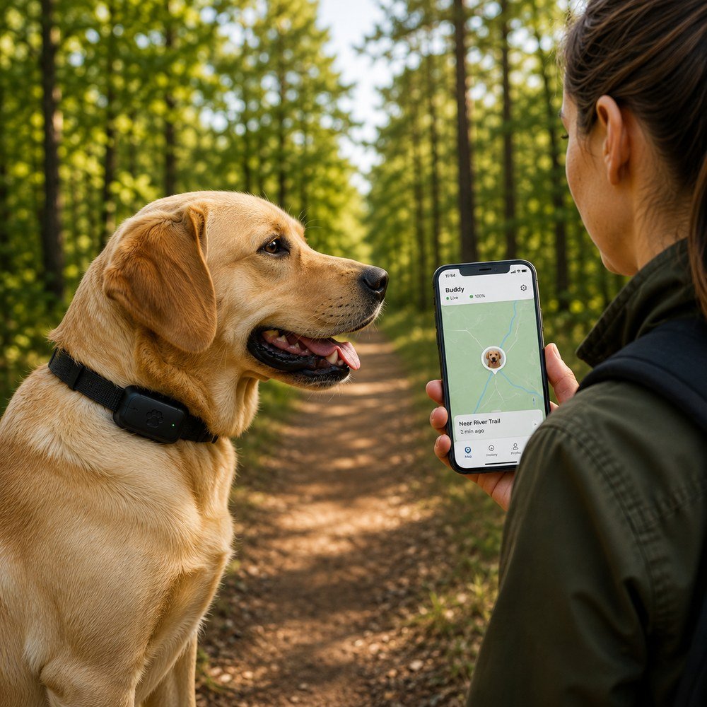 Dog wearing a GPS tracker while its location is checked on a smartphone