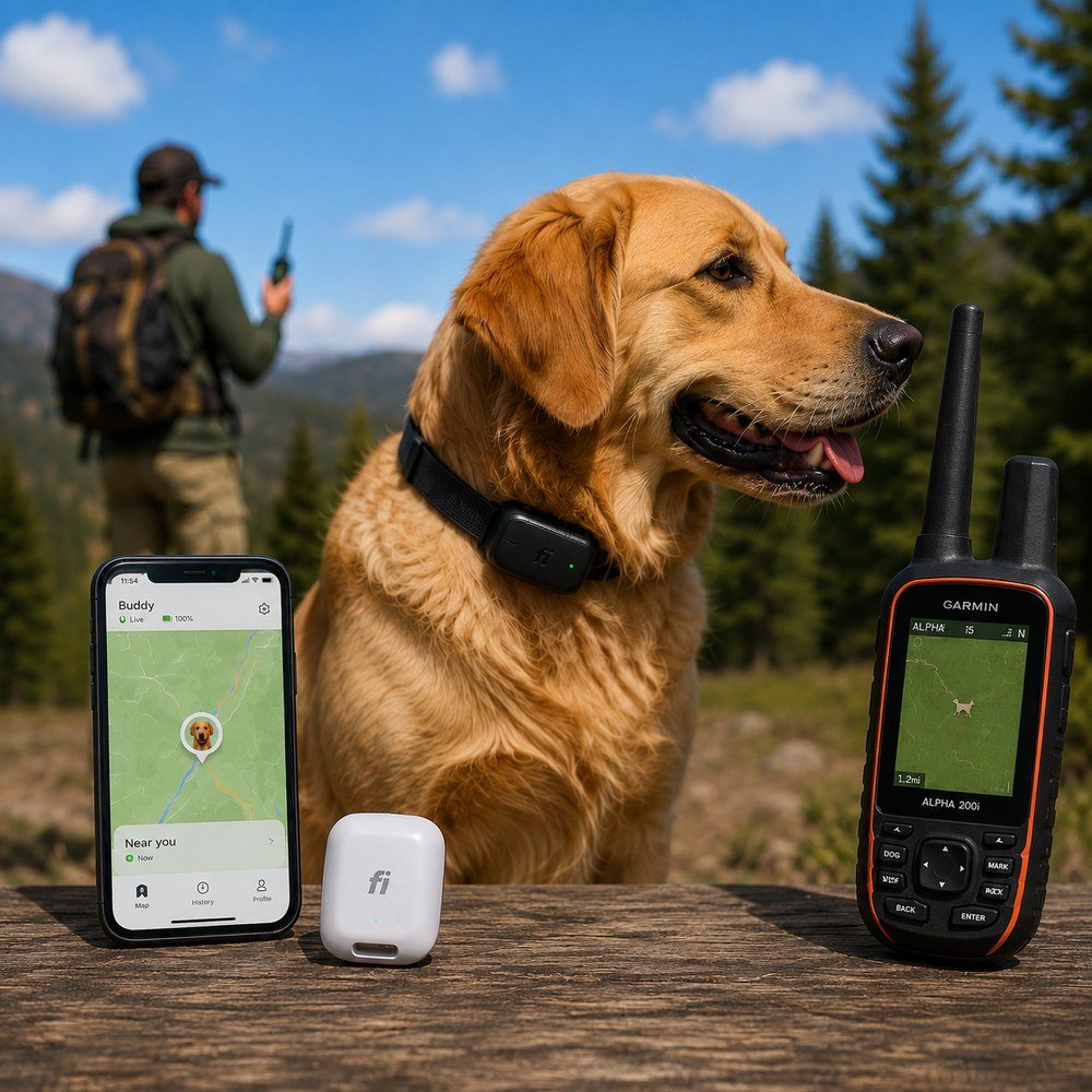 Dog with GPS collar beside smartphone and handheld tracking devices outdoors