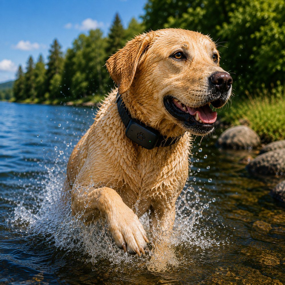 Wet Labrador wearing a GPS tracker while running through lake water