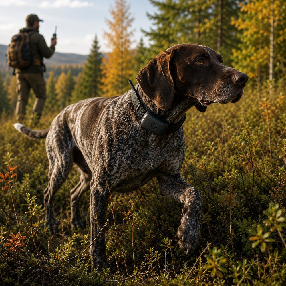 Hunting dog wearing a GPS tracking collar in woodland terrain