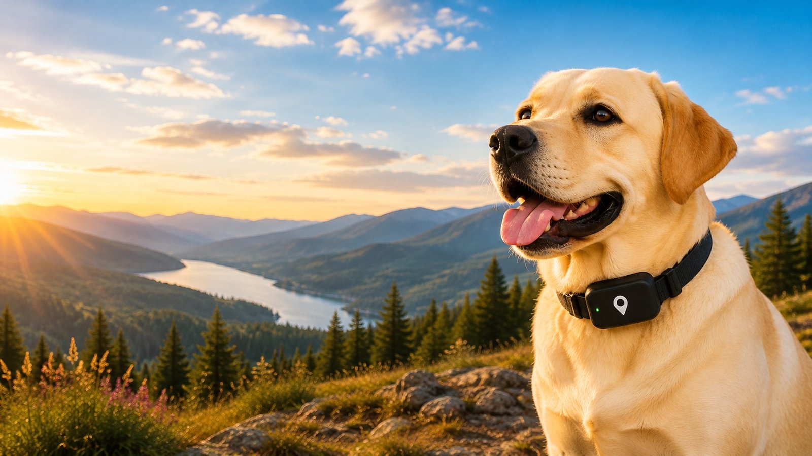 Labrador wearing a GPS tracker outdoors in the mountains