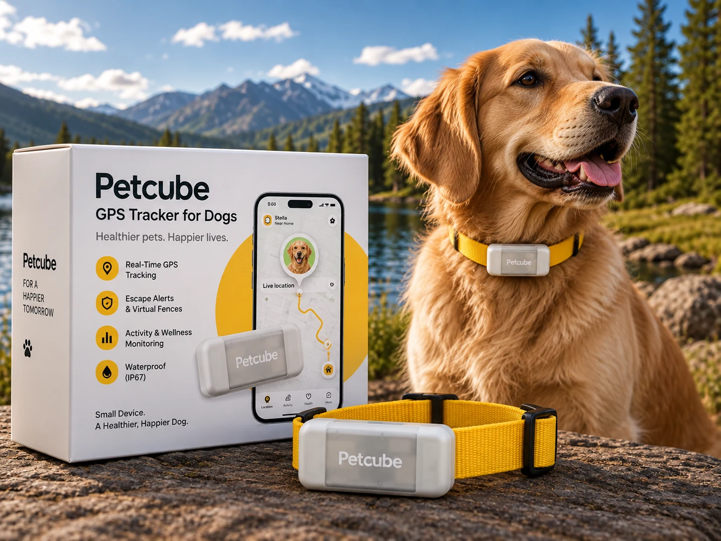 Petcube GPS Tracker for dogs with collar and product packaging
