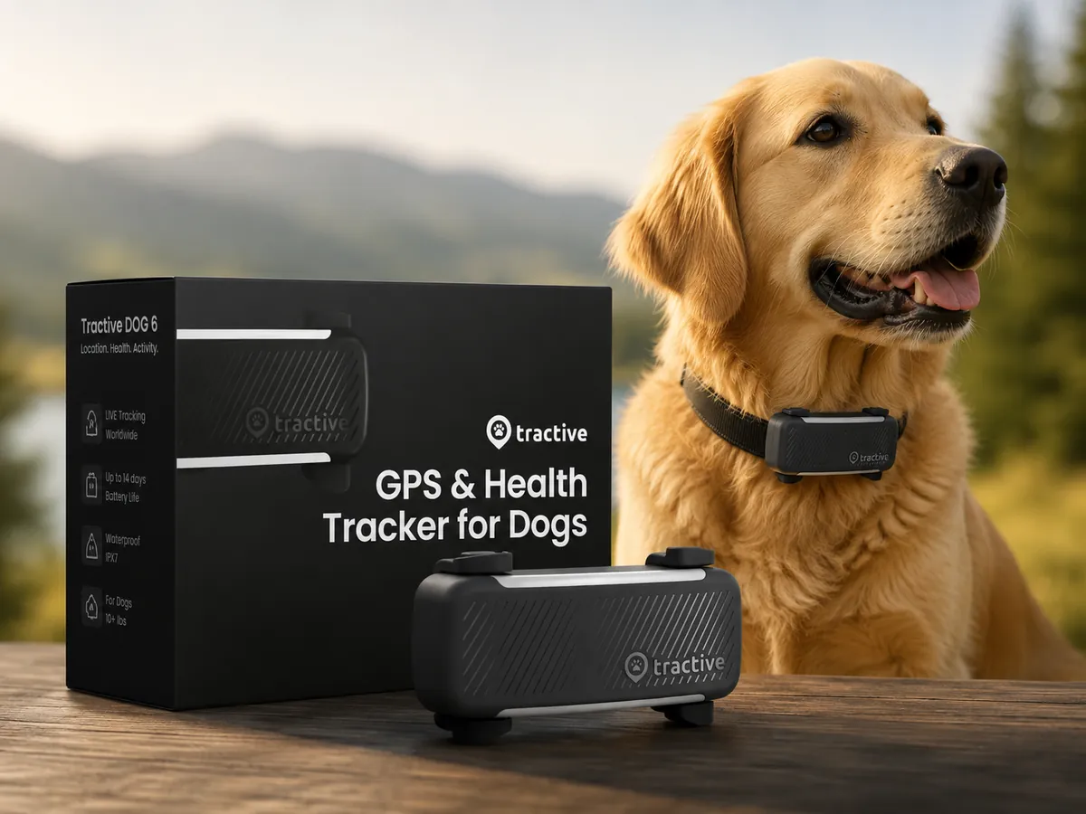 Tractive DOG 6 GPS tracker shown with a dog